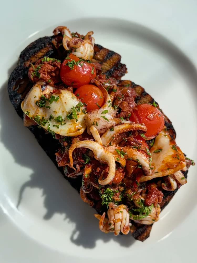Crabshakk — squid and &rsquo;nduja on grilled sourdough